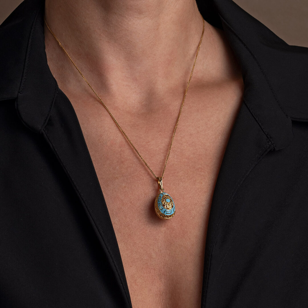 KA-P-01741m 14k Gold Meander Filigree Egg Pendant with Turquoise Enamel - Image 2
