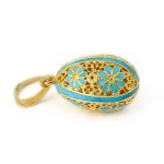 Filigree Egg Pendant with Flowers - 14k Gold and Turquoise Enamel - Image 5