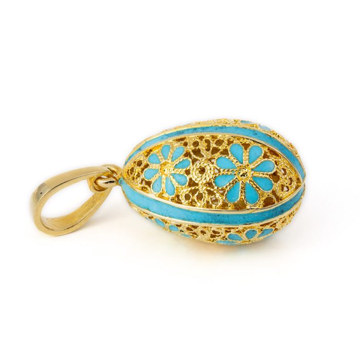 Filigree Egg Pendant with Flowers - 14k Gold and Turquoise Enamel - Image 5