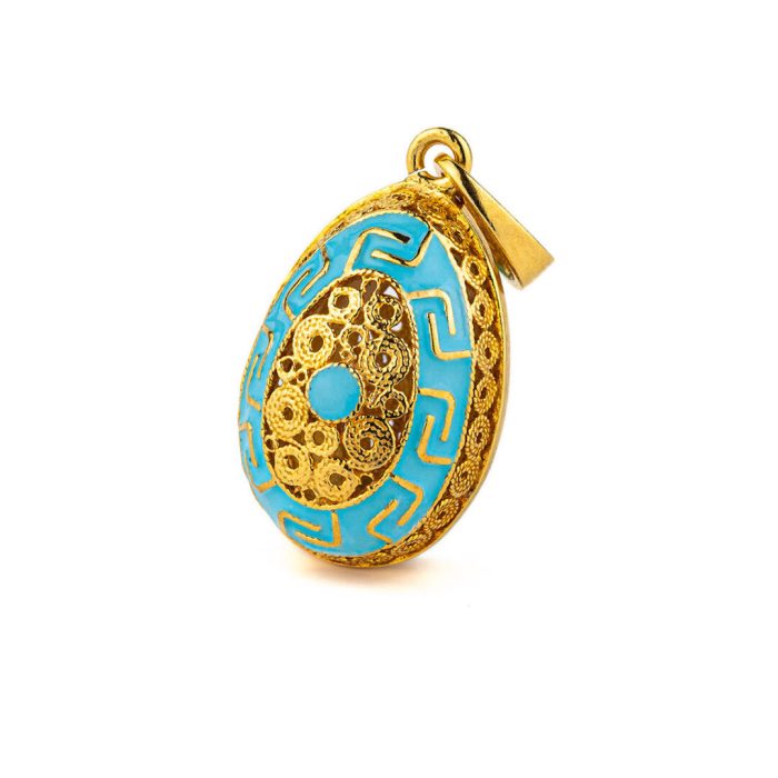 Meander Filigree Egg Pendant Necklace with Turquoise Enamel - Sterling Silver Gold Plated - Image 1