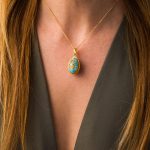 Meander Filigree Egg Pendant Necklace with Turquoise Enamel - Sterling Silver Gold Plated - Image 2