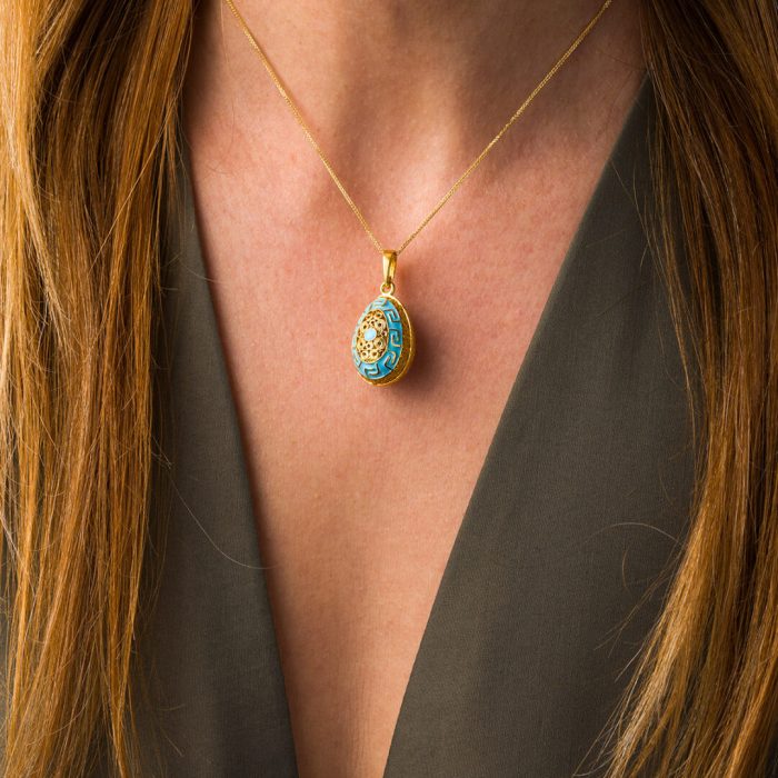 Meander Filigree Egg Pendant Necklace with Turquoise Enamel - Sterling Silver Gold Plated - Image 2