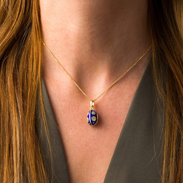 Egg Pendant Necklace with Flowers - Sterling Silver Gold Plated and Enamel - Image 2