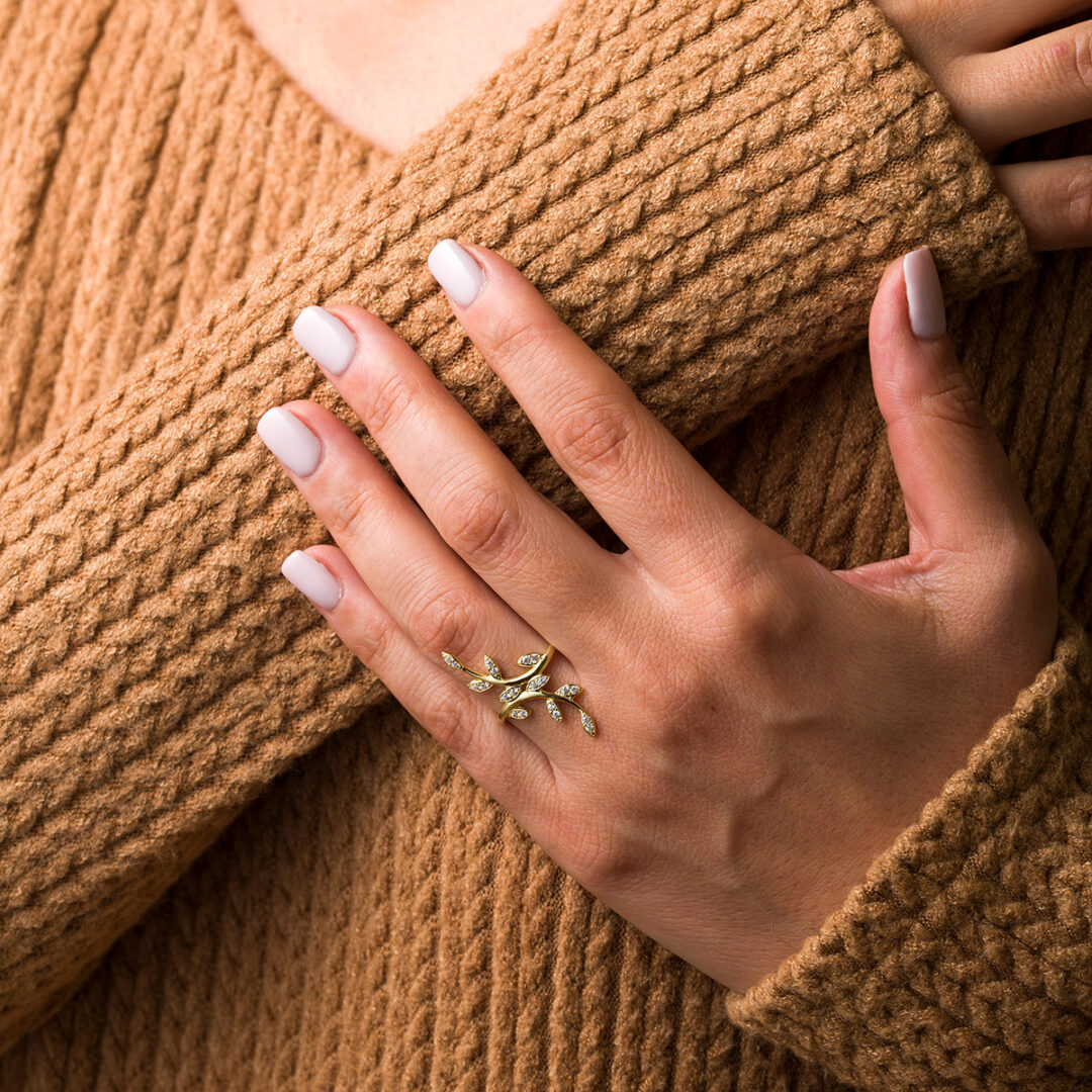 KS-R-04279006e Olive Leaf Ring with Zircon - 14K Solid Yellow Gold - Image 2