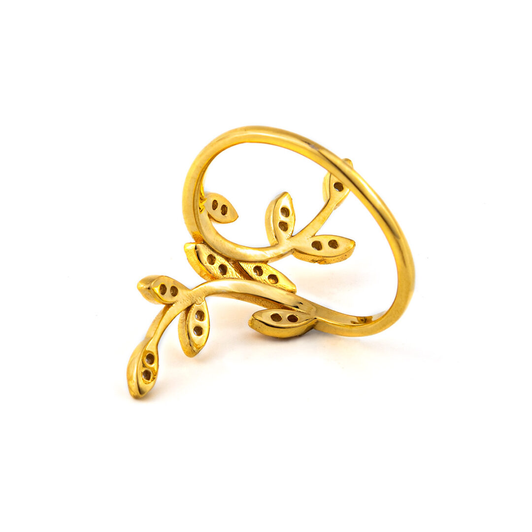 KS-R-E-1-12c Olive Leaf Ring with Zircon - 14K Solid Yellow Gold - Image 4