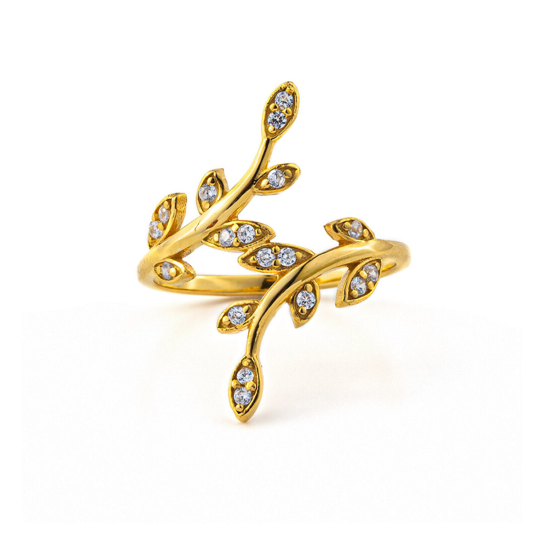 KS-R-E-1-2_1|KS-R-E-1-3b|KS-R-E-1-3c Olive Leaf Ring with White Zircon - 14K Solid Yellow Gold - Image 1