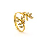 Leaf Adjustable Ring with Zircon - 14K Solid Yellow Gold - Image 3