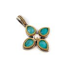 Μενταγιόν Βυζαντινός Σταυρός Turquoise Copper και Πέρλα - Ασήμι 925 Επιχρυσωμένο - Image 4