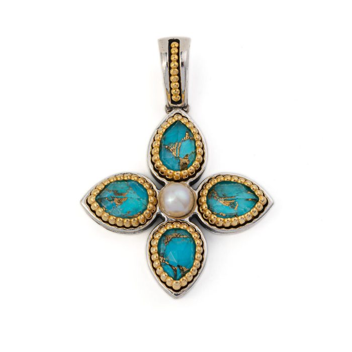 Μενταγιόν Βυζαντινός Σταυρός Turquoise Copper και Πέρλα - Ασήμι 925 Επιχρυσωμένο - Image 1