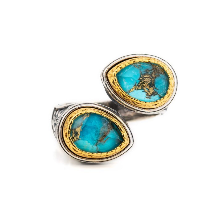 Byzantine Doublet Turquoise Ring - 925 Sterling Silver Gold Plated - Image 1