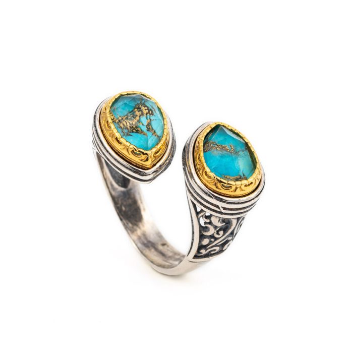 Byzantine Doublet Turquoise Ring - 925 Sterling Silver Gold Plated - Image 2