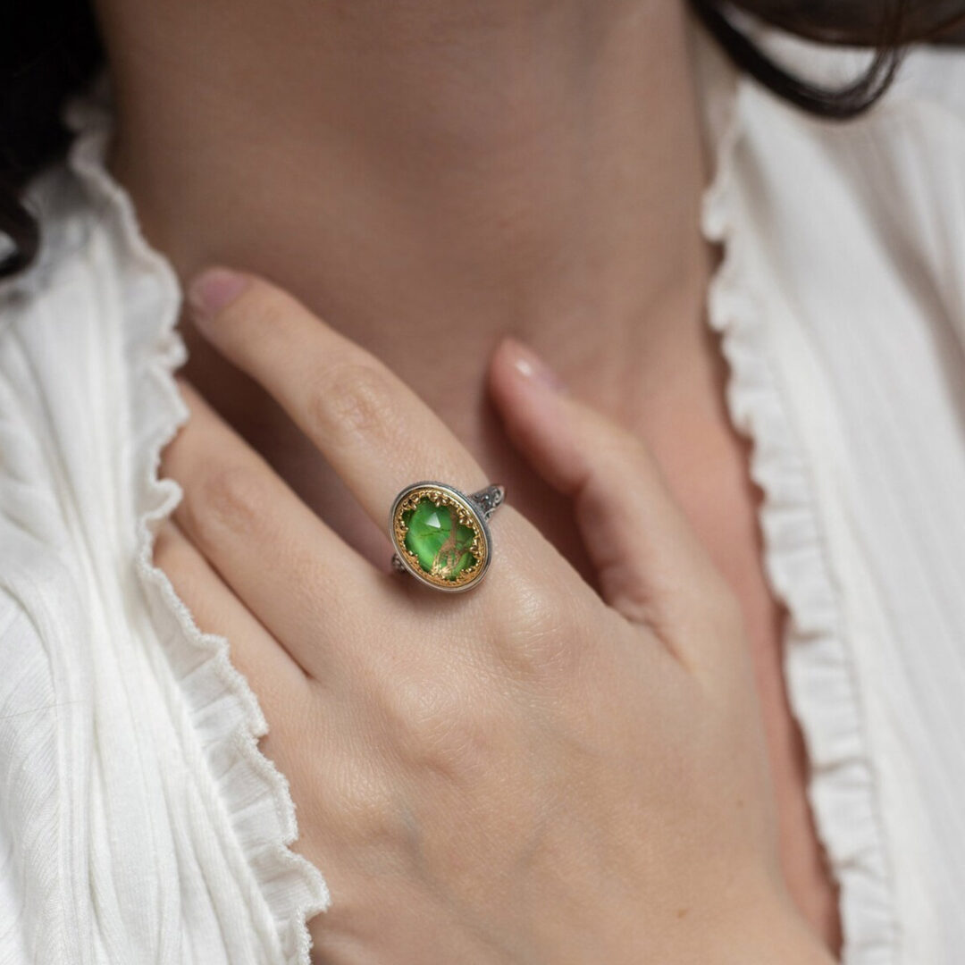 LA-R-02721029m Byzantine Ring with Green Turquoise Doublet Stone - Image 2