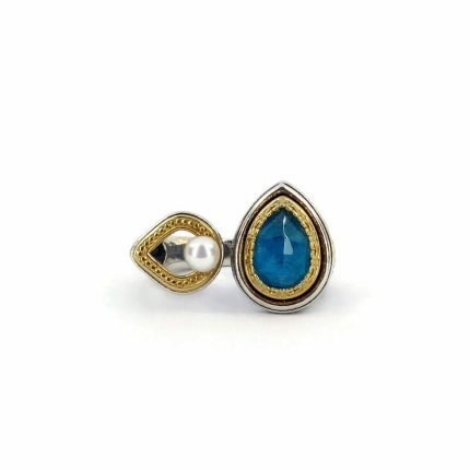 Byzantine Ring with Apatite Doublet Stone and natural pearl - 925 Sterling Silver Gold Plated