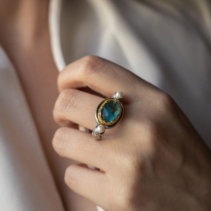 Byzantine Ring with Amazonite Doublet Stone - 925 Sterling Silver Gold Plated - Image 2