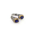 Byzantine Ring with Lapis Doublet Stone - 925 Sterling Silver Gold Plated - Image 3