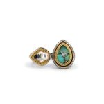 Byzantine Ring with Green Turquoise Doublet Stone - 925 Sterling Silver Gold Plated