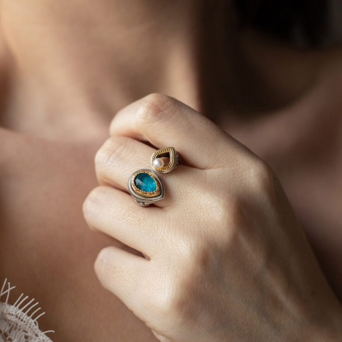 Byzantine Ring with Green Turquoise Doublet Stone  - 925 Sterling Silver Gold Plated - Image 2