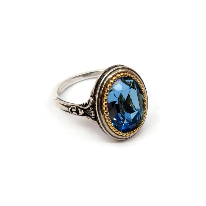 Byzantine Ring with Aquamarine Stone - 925 Sterling Silver Gold Plated - Image 2