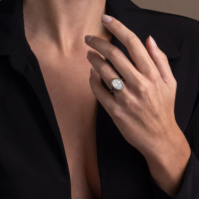 Byzantine Ring with White Opal Stone - 925 Sterling Silver Gold Plated - Image 2