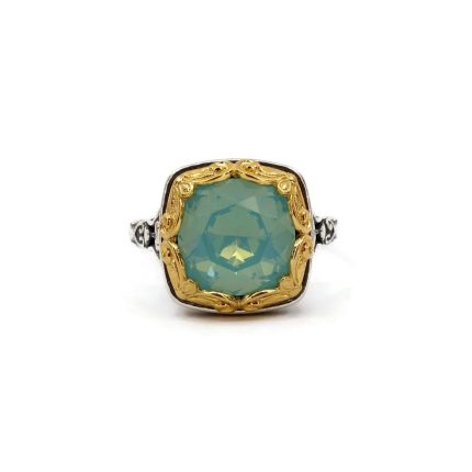 Byzantine Ring with Blue Opal Stone - 925 Sterling Silver Gold Plated