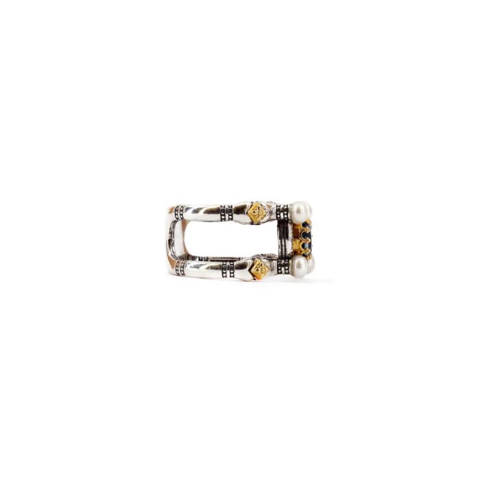 Byzantine Ring with Natural London Blue Topaz Gemstone and Pearl - 925 Sterling Silver Gold Plated - Image 3