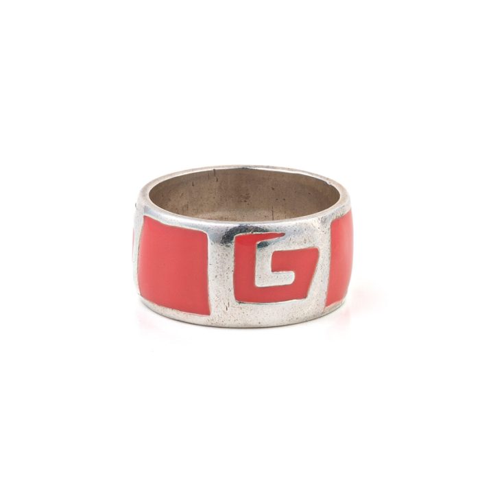 Greek Key Ring Pink enamel - 925 Sterling Silver - Image 1