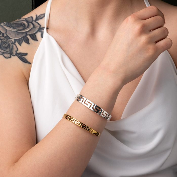 Greek Key Cuff Bracelet - Sterling Silver and Gold Plated - Image 5