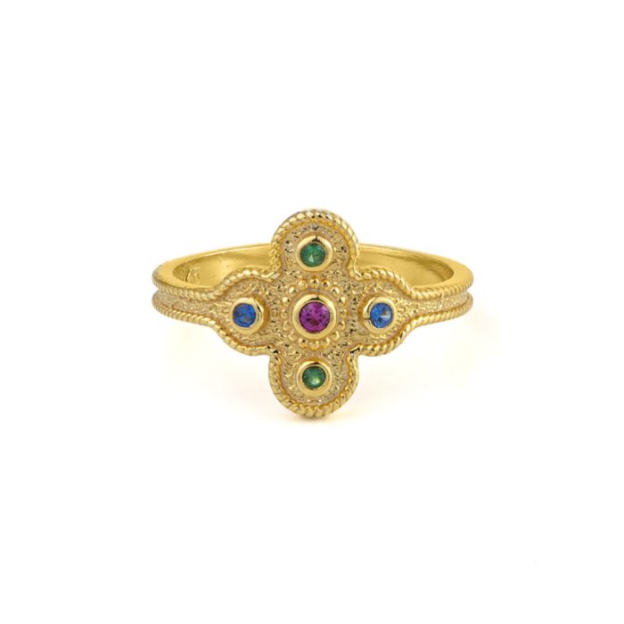 Byzantine Flower Ring with Stones - 925 Sterling Silver and Gold Plated