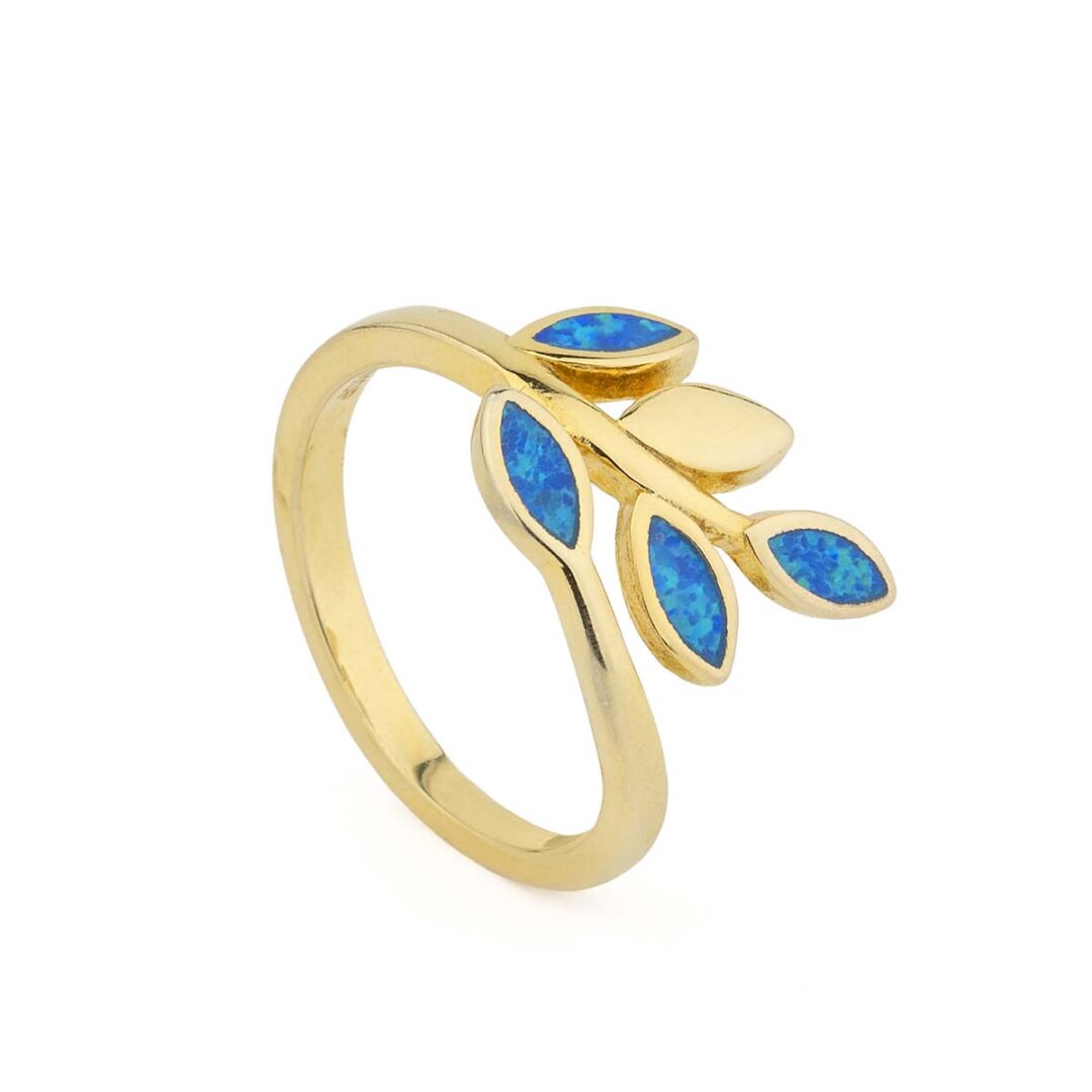 MI-DA-05867007b Olive Leaf Opal Golden Ring – Sterling Silver 925 - Image 3