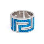 Greek Key Ring with Blue Opal – 925 Sterling Silver