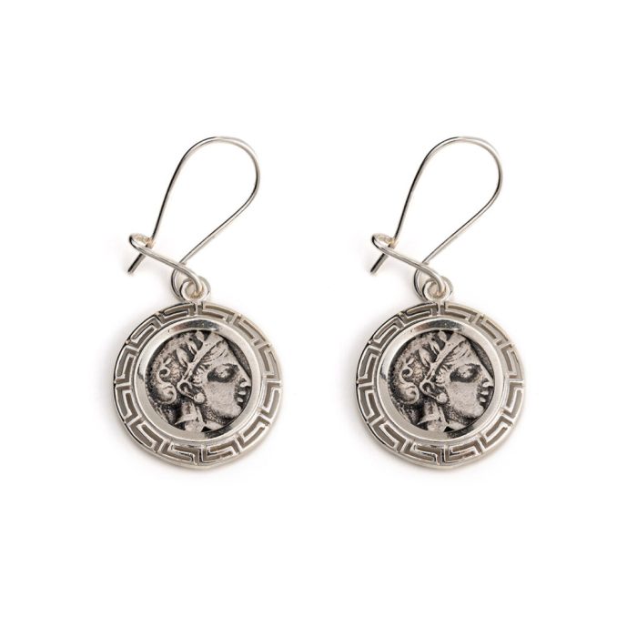 Goddess Athena Earrings with Greek Key - 925 Sterling Silver - Image 1