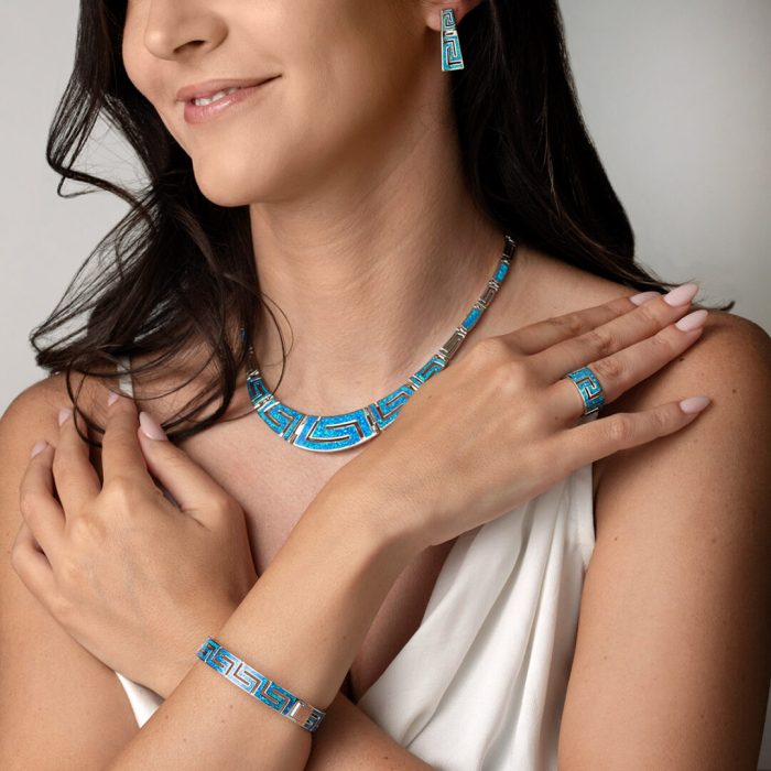 Greek Key Ring with Blue Opal – 925 Sterling Silver - Image 2