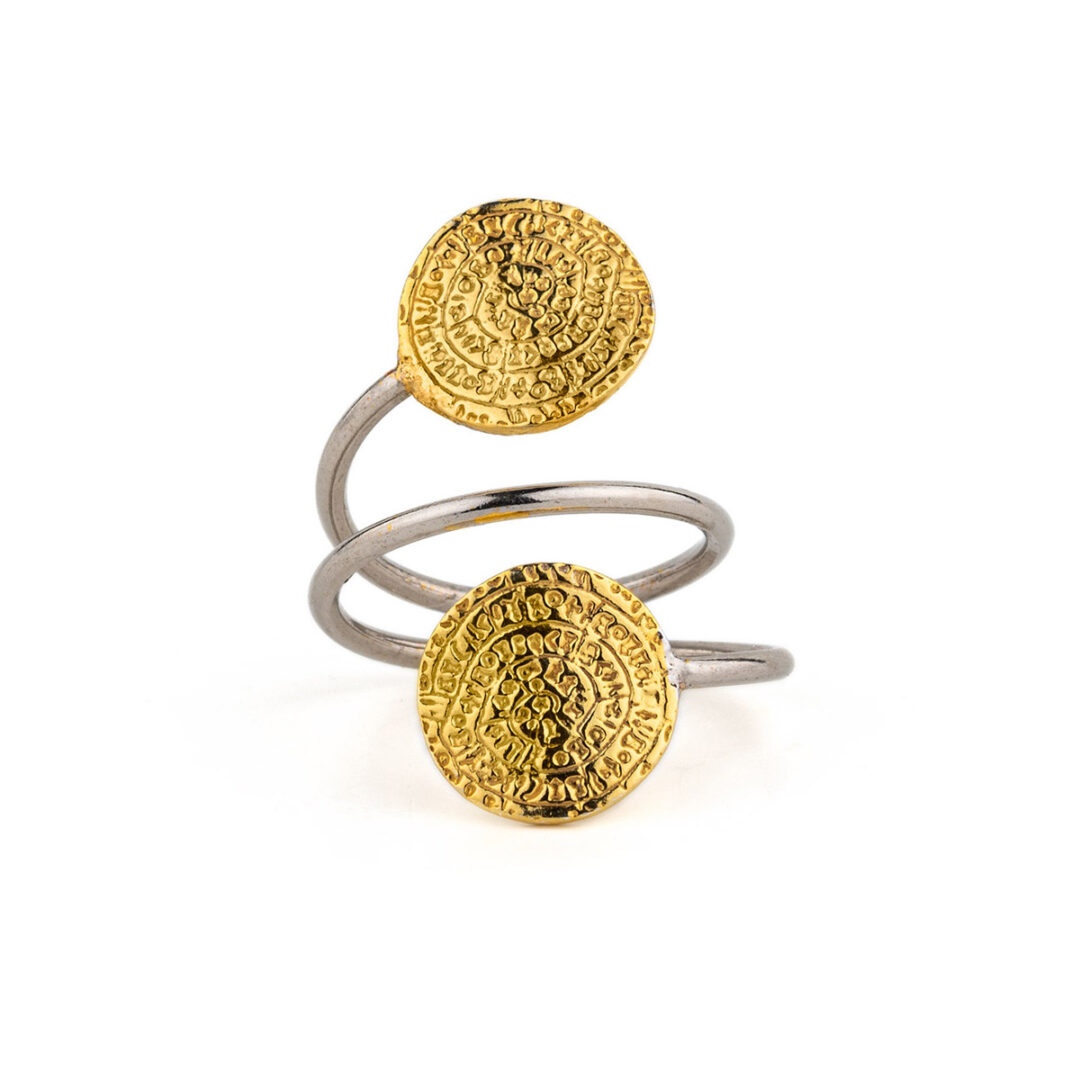 MI-R-02468007_1|MI-R-02468007m|MI-R-02468007c|MI-R-02468007b Double Phaistos Disc Ring – 925 Sterling Silver and Gold Plated - Image 1