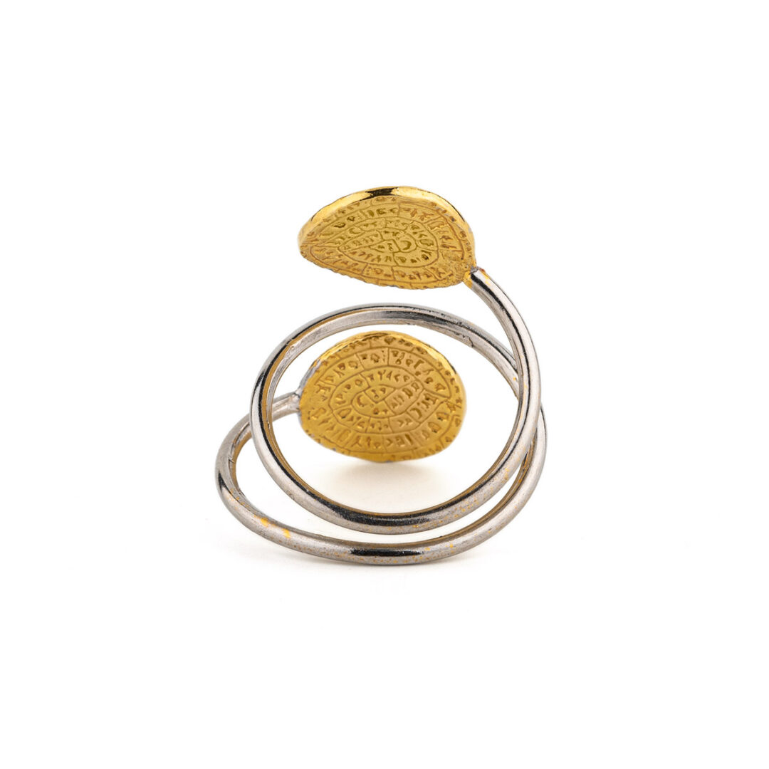 MI-R-02468007b Double Phaistos Disc Ring – 925 Sterling Silver and Gold Plated - Image 4