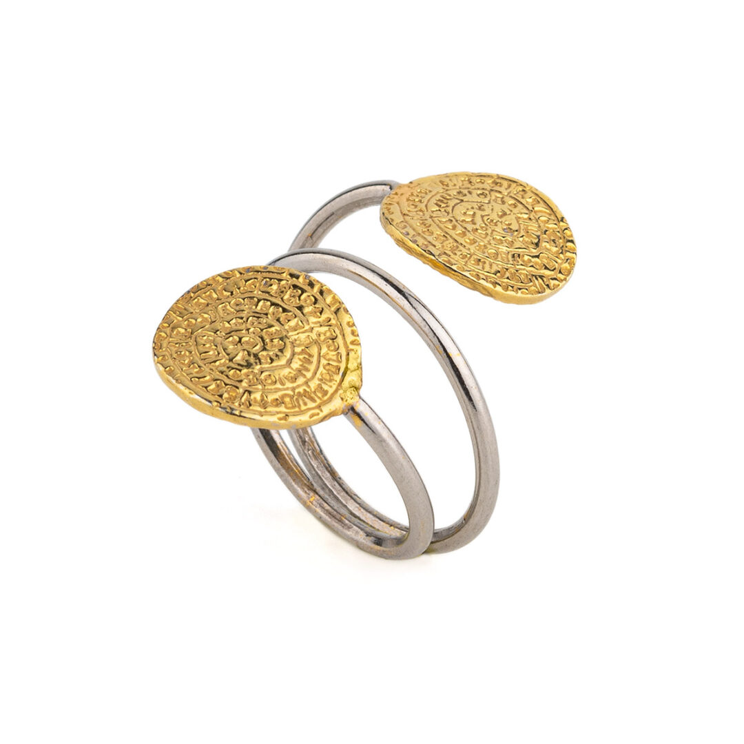 MI-R-02468007c Double Phaistos Disc Ring – 925 Sterling Silver and Gold Plated - Image 3