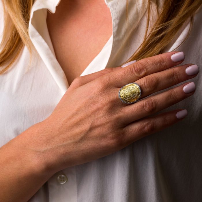Phaistos Disc Ring with Zircon - Sterling Silver and Gold Plated - Image 2