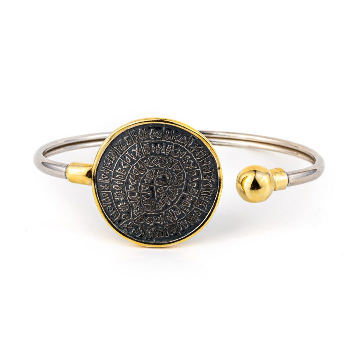 Phaistos Disc Hinge Bracelet - 925 Sterling Silver and Gold Plated - Image 4