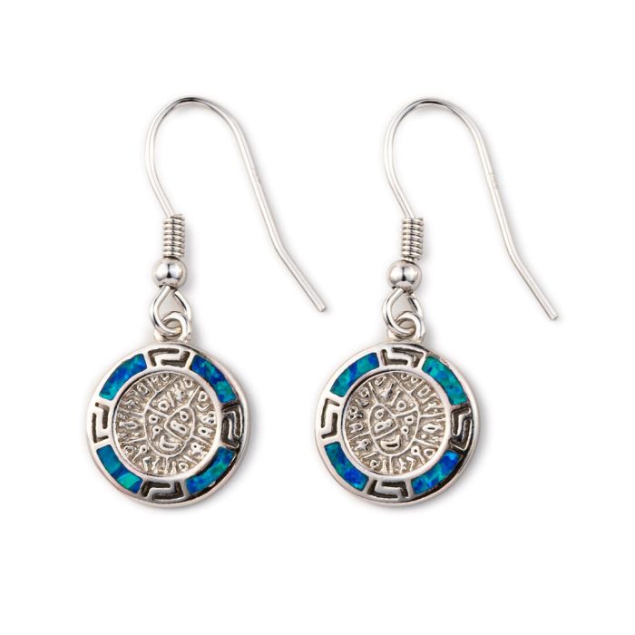 Phaistos Disc Dangle Earrings - 925 Sterling Silver with Opal - Image 2
