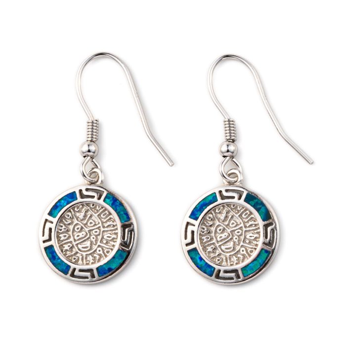 Phaistos Disc Dangle Earrings - 925 Sterling Silver with Opal - Image 1