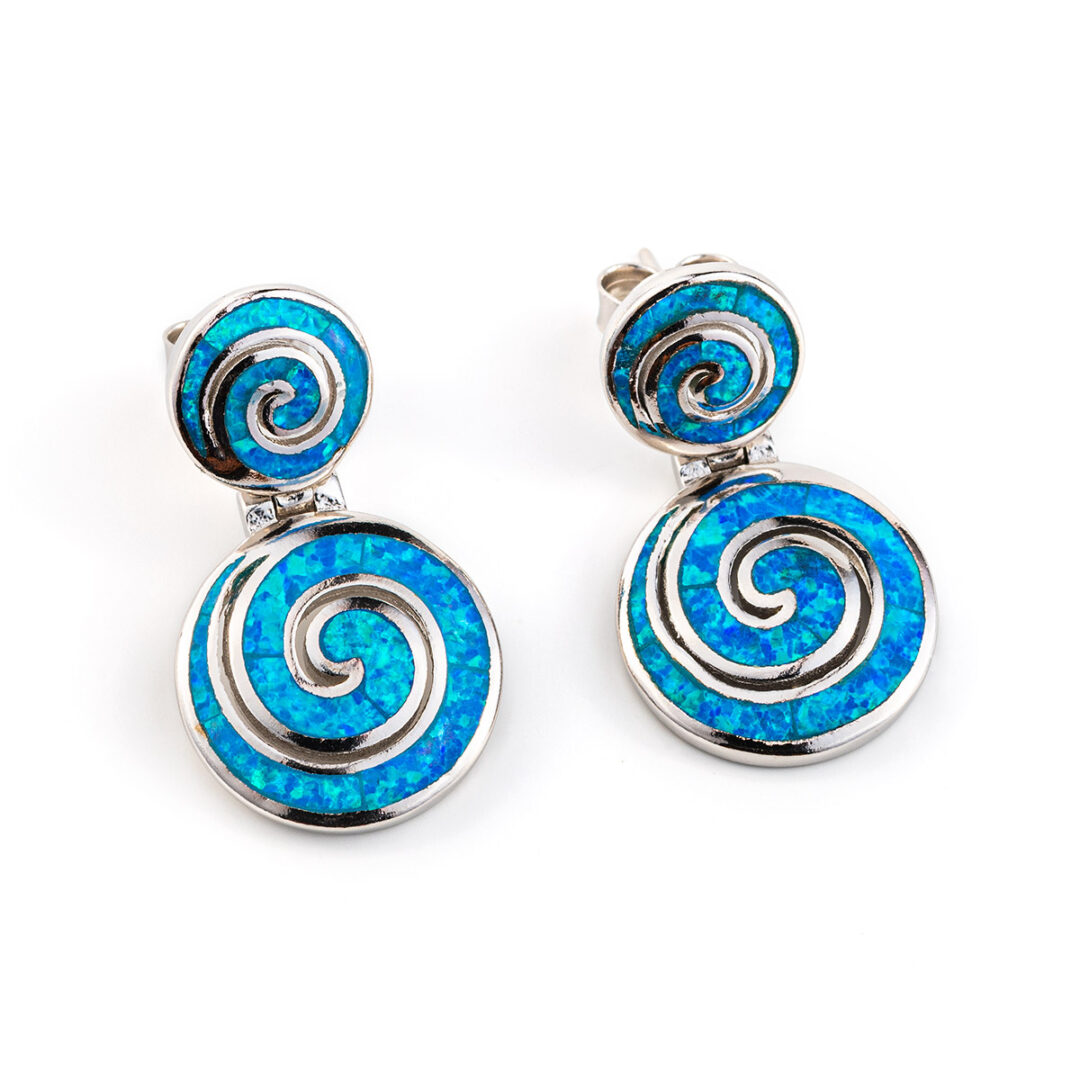 OP-E-04743006 Blue fire opal drop spiral earrings - Image 1