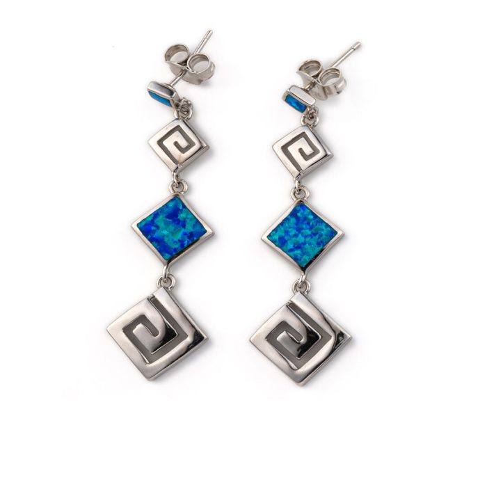 Meander Dangle Earrings – 925 Sterling Silver with Opal - Image 1