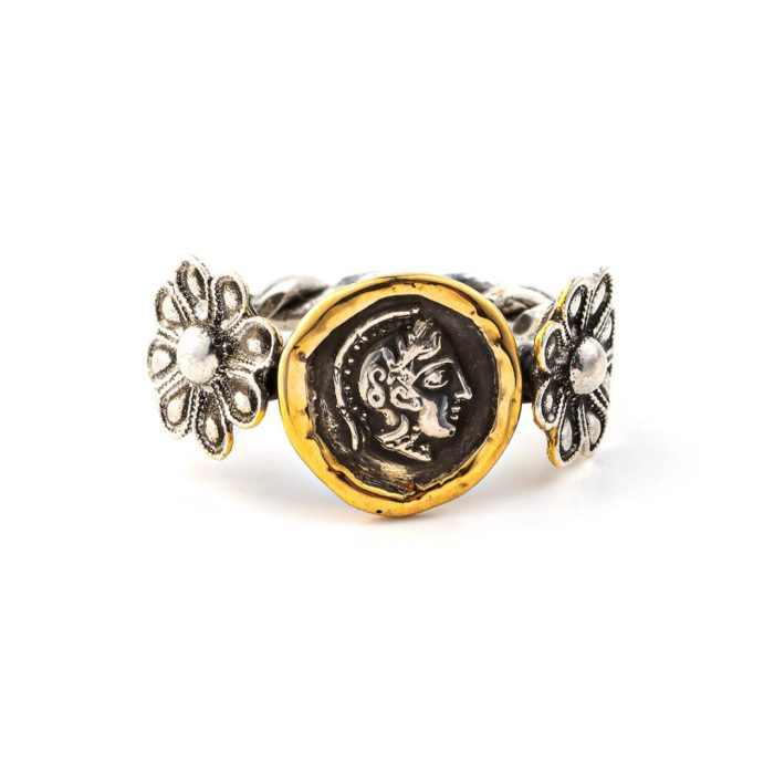 Goddess Athena Coin Ring with Rosettes - 14K Gold and 925 Sterling Silver - Image 1