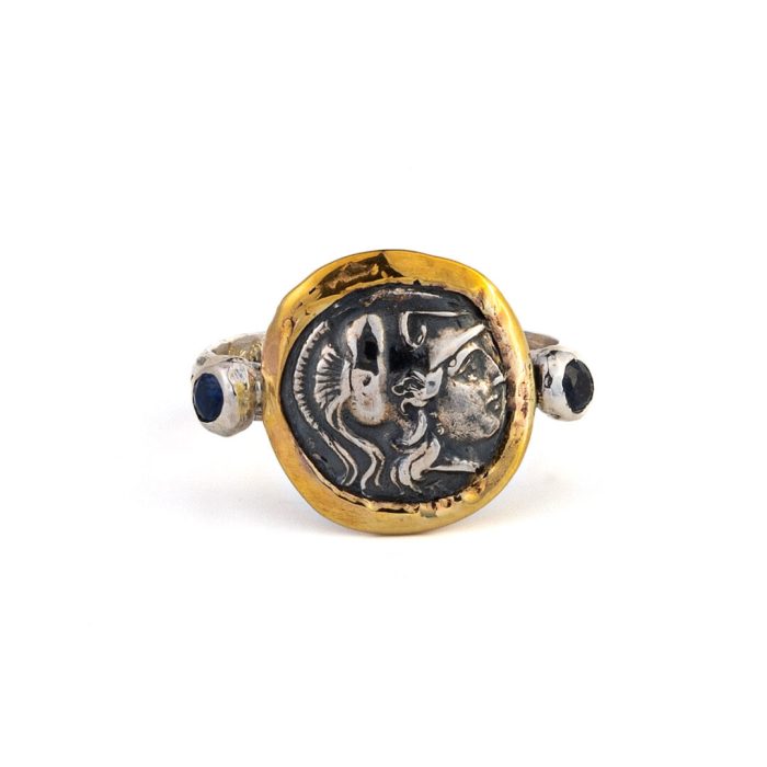 Goddess Athena Ring with Sapphires - 14K Gold and Sterling Silver - Image 1