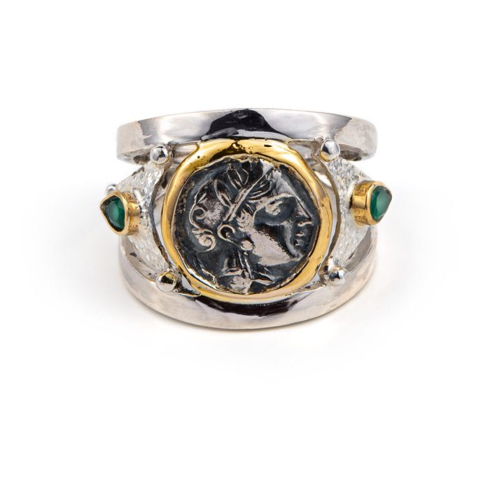Goddess Athena Coin Ring with Emeralds - 14K Gold and 925 Sterling Silver - Image 1