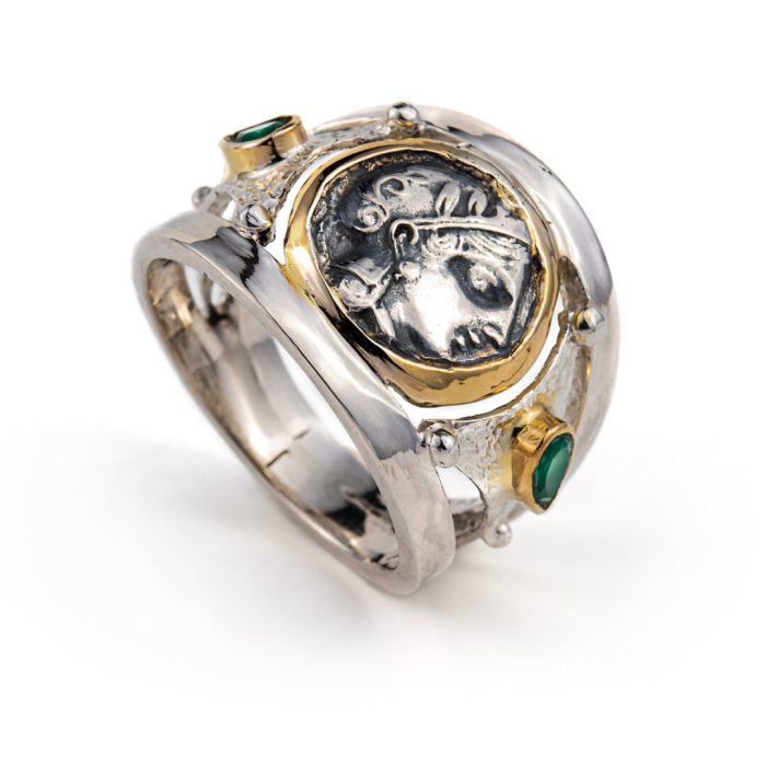 Goddess Athena Coin Ring with Emeralds - 14K Gold and 925 Sterling Silver - Image 3