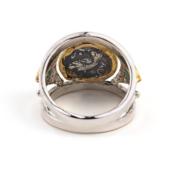 Goddess Athena Coin Ring with Emeralds - 14K Gold and 925 Sterling Silver - Image 5