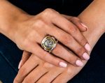Goddess Athena Coin Ring with Emeralds - 14K Gold and 925 Sterling Silver - Image 2