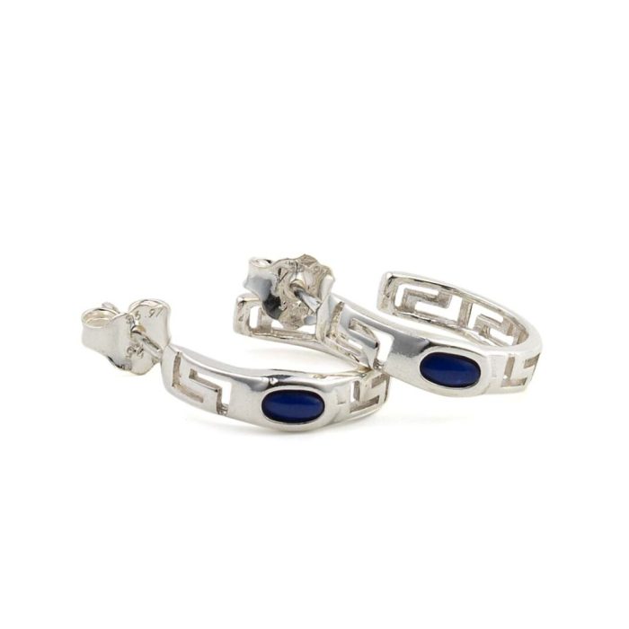 Greek Key Silver Hoop Earrings with Stone - Image 3