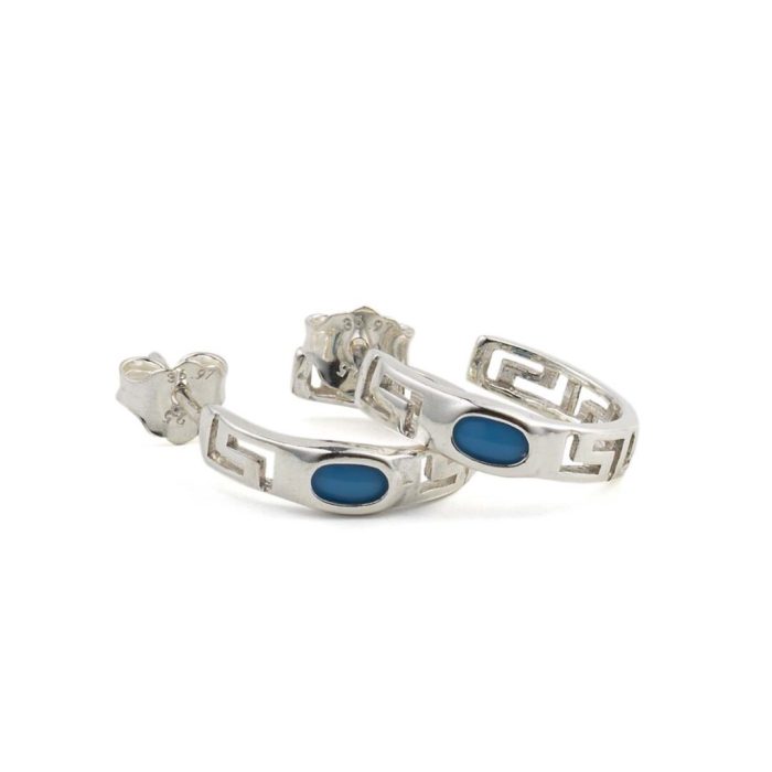 Greek Key Silver Hoop Earrings with Stone - Image 4