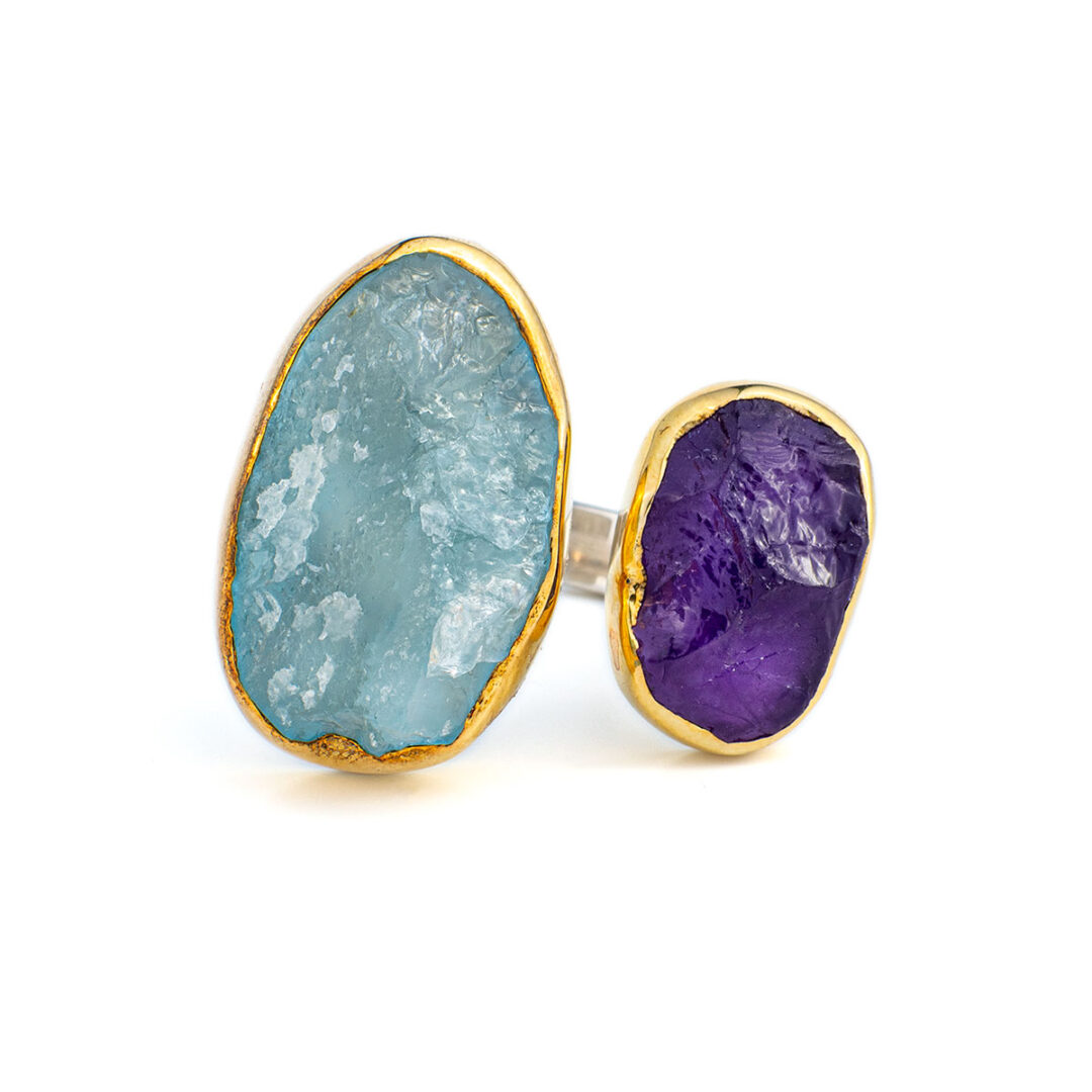 TR-D-03384049|TR-D-03384049b|TR-D-03384049c|Greek-Roots-Packaging Aqua Marine and Amethyst Ring - Sterling Silver and Gold Plated - Image 1